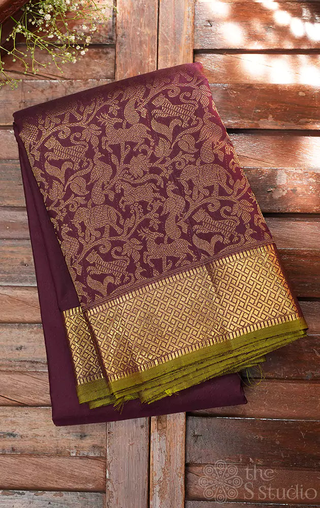 Brown kanjivaram silk saree with vanasinghram border