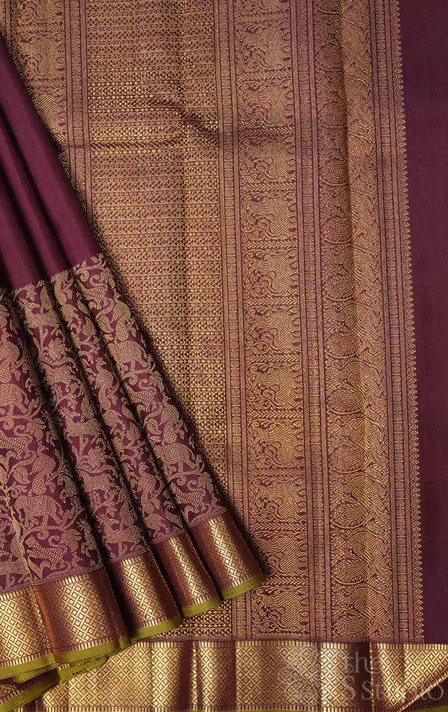 Brown kanjivaram silk saree with vanasinghram border