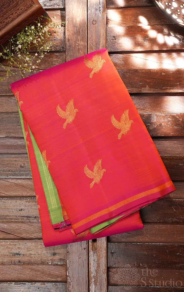 Orange bird motifs kanjivaram saree with double pallu