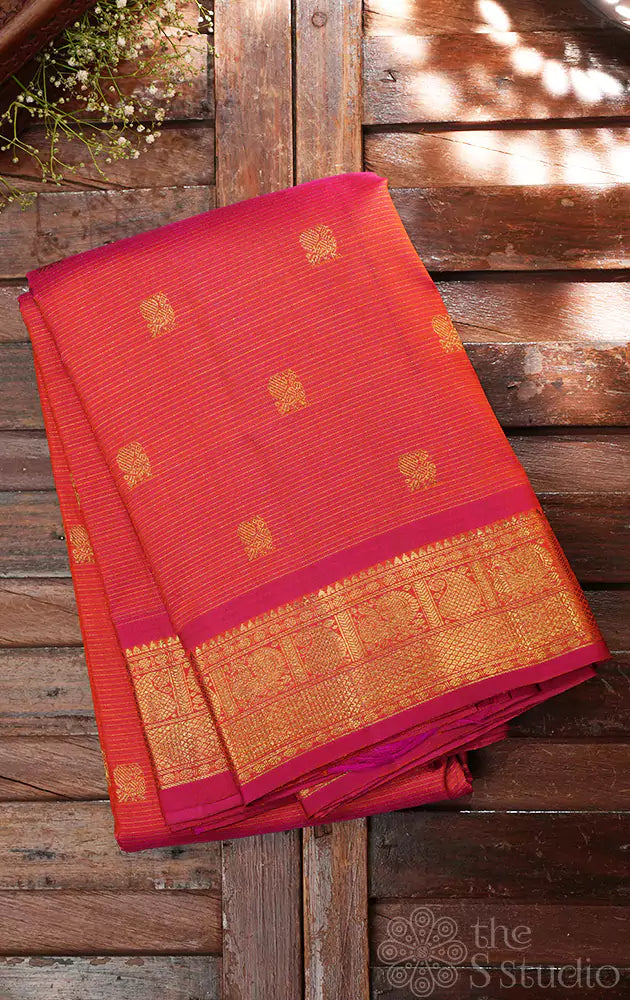 Bright peach vairaoosi kanjivaram saree with small border