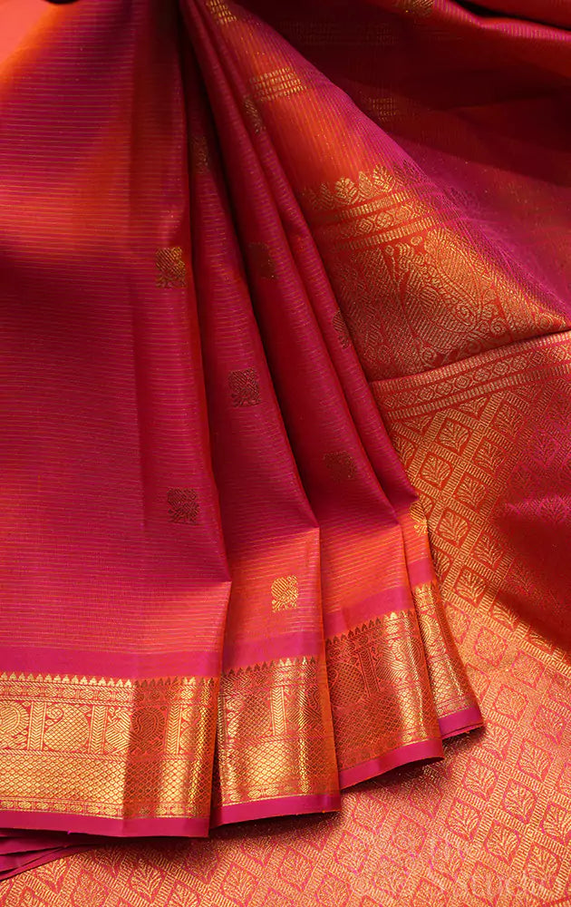 Bright peach vairaoosi kanjivaram saree with small border