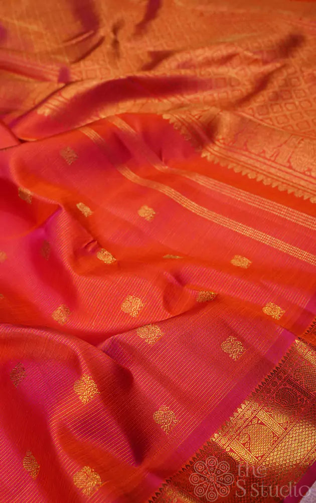 Bright peach vairaoosi kanjivaram saree with small border