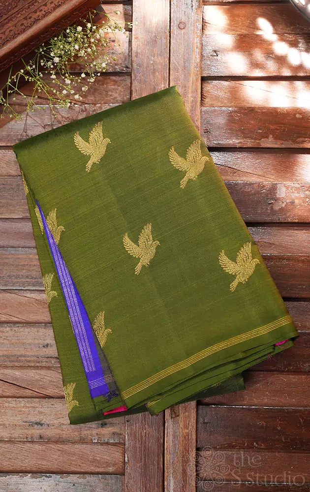 Chutney green kanchipuram silk saree with bird motifs and double pallu