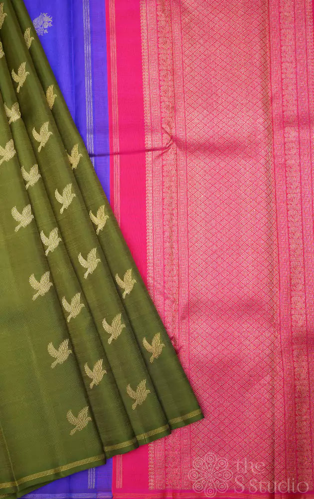 Chutney green kanchipuram silk saree with bird motifs and double pallu
