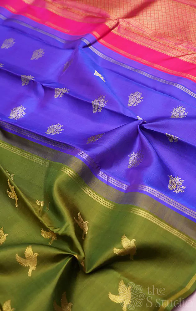 Chutney green kanchipuram silk saree with bird motifs and double pallu