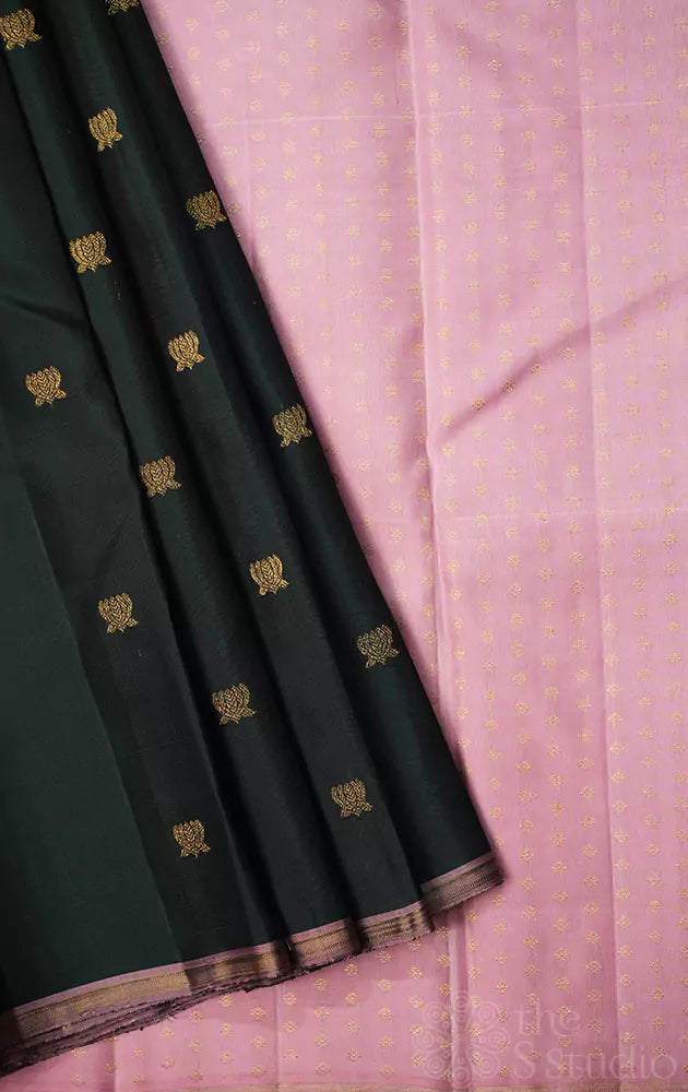 Bottle green kanchi pattu saree with lotus buttas