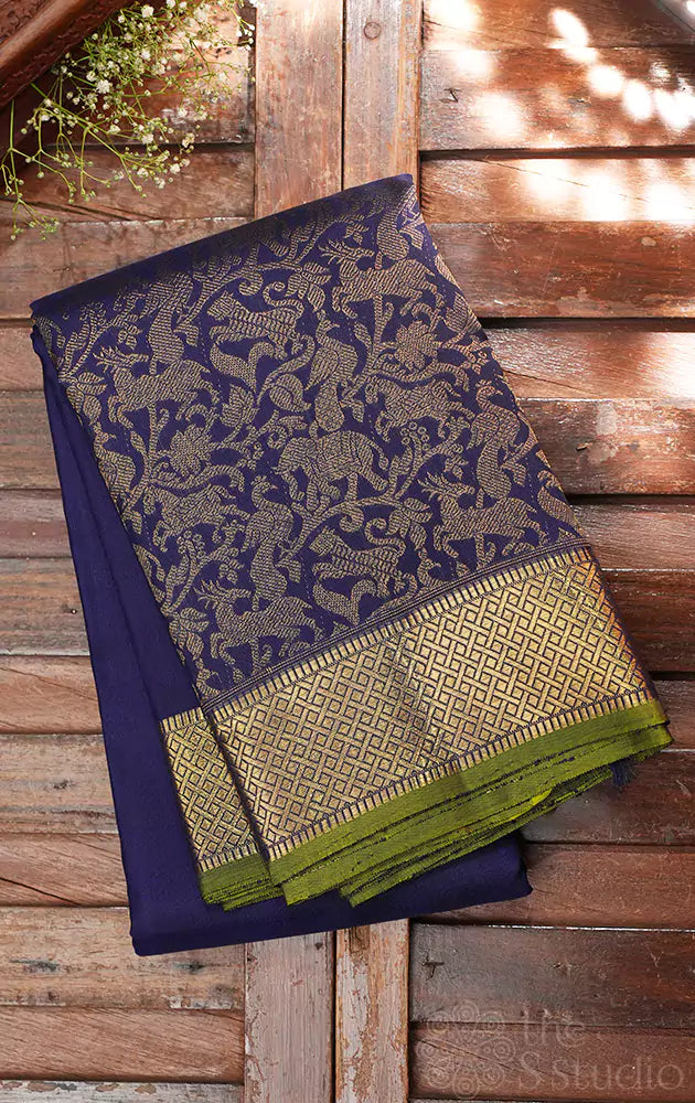Navy blue kanchi silk saree with vanasingharam border