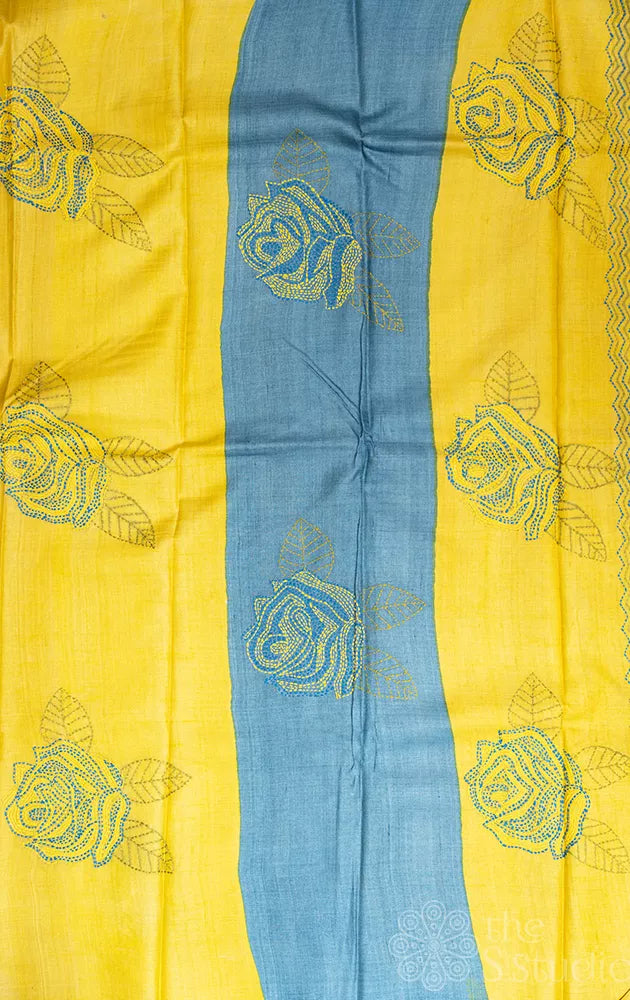 Green floral printed tussar silk saree with kantha embroidery