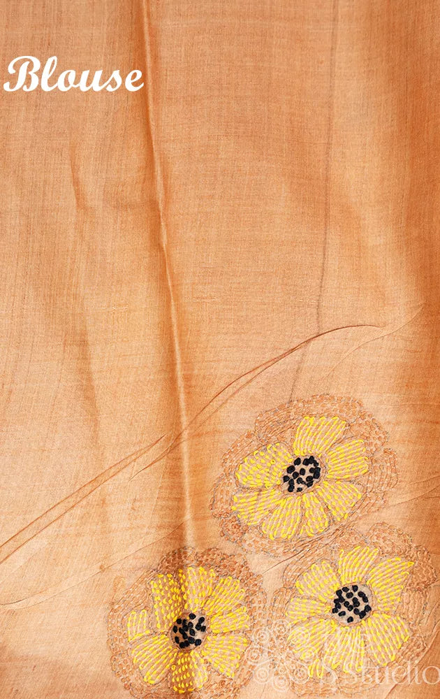 Horizontal strpes design yellow and orange tussar silk saree with embroidered pallu