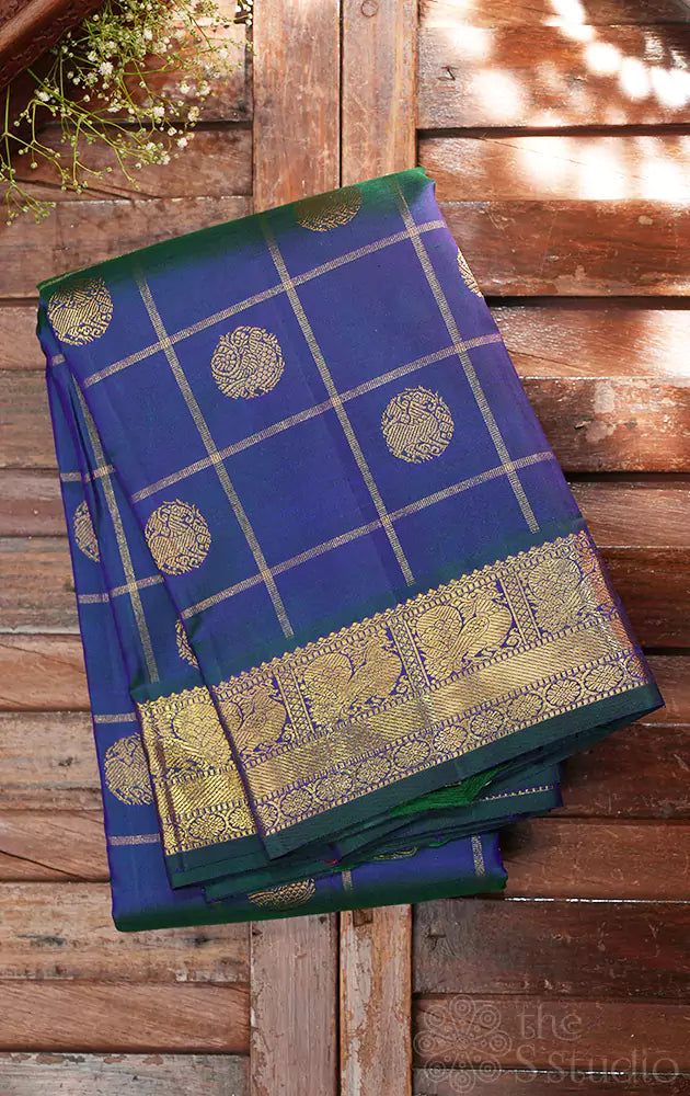 Peacock blue zari checked kanjivaram silk saree (Pre-order available)
