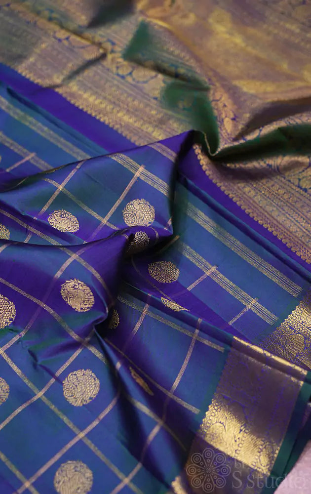 Peacock blue zari checked kanjivaram silk saree (Pre-order available)