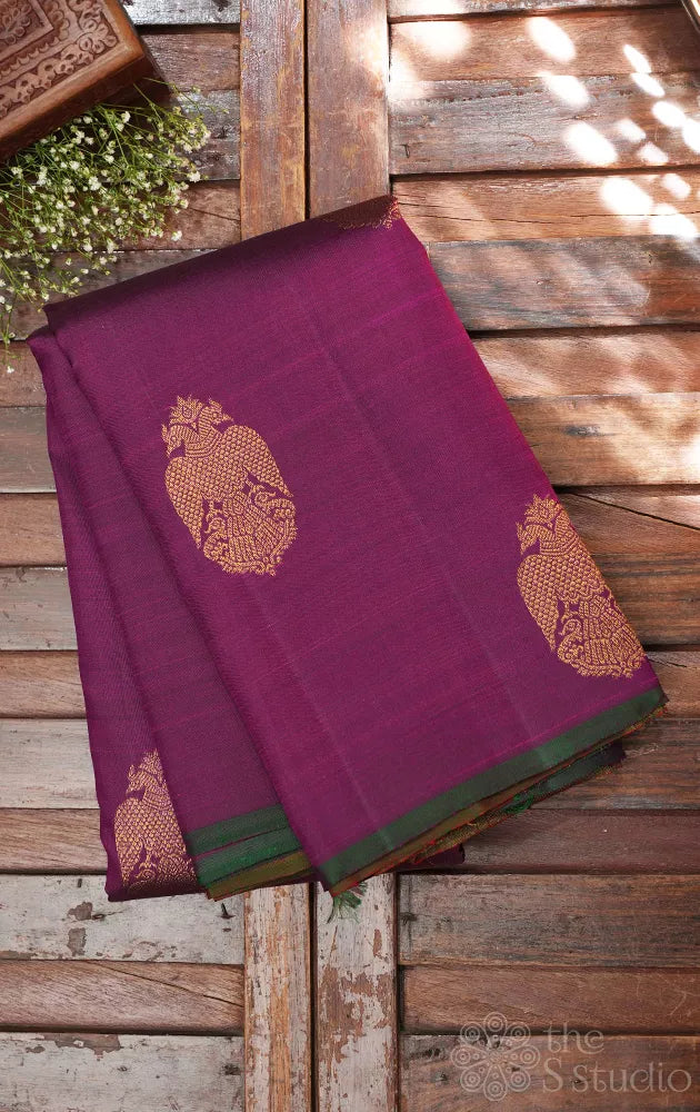 Purple kanjivaram silk saree with ganda berunda motifs