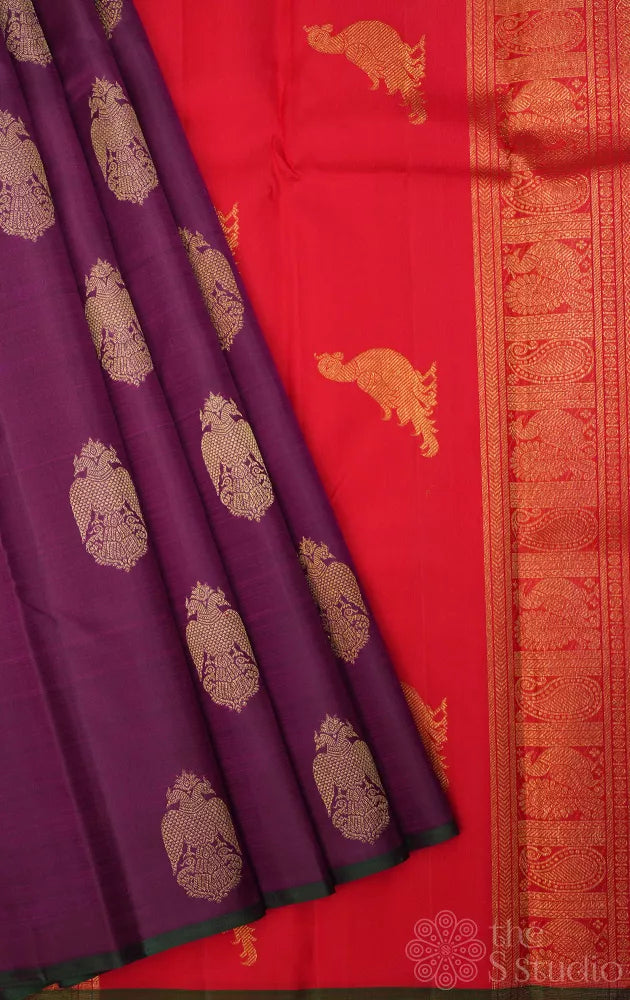 Purple kanjivaram silk saree with ganda berunda motifs