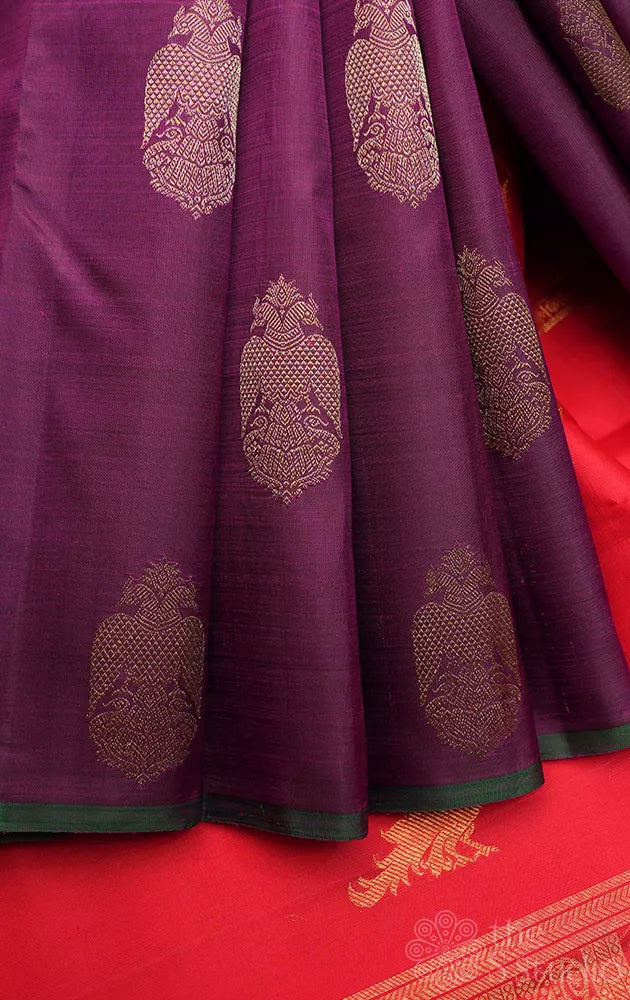 Purple kanjivaram silk saree with ganda berunda motifs
