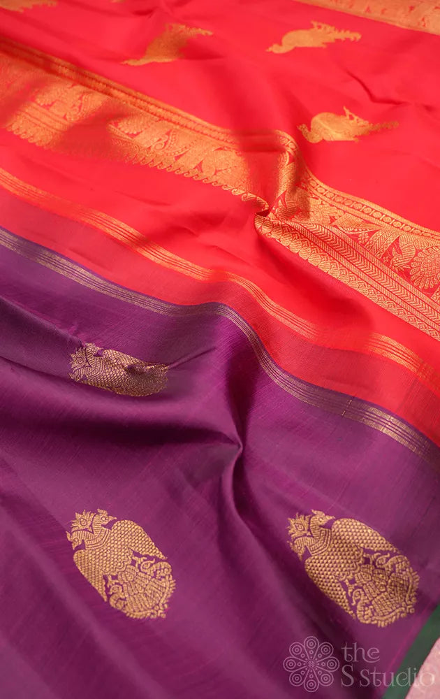 Purple kanjivaram silk saree with ganda berunda motifs