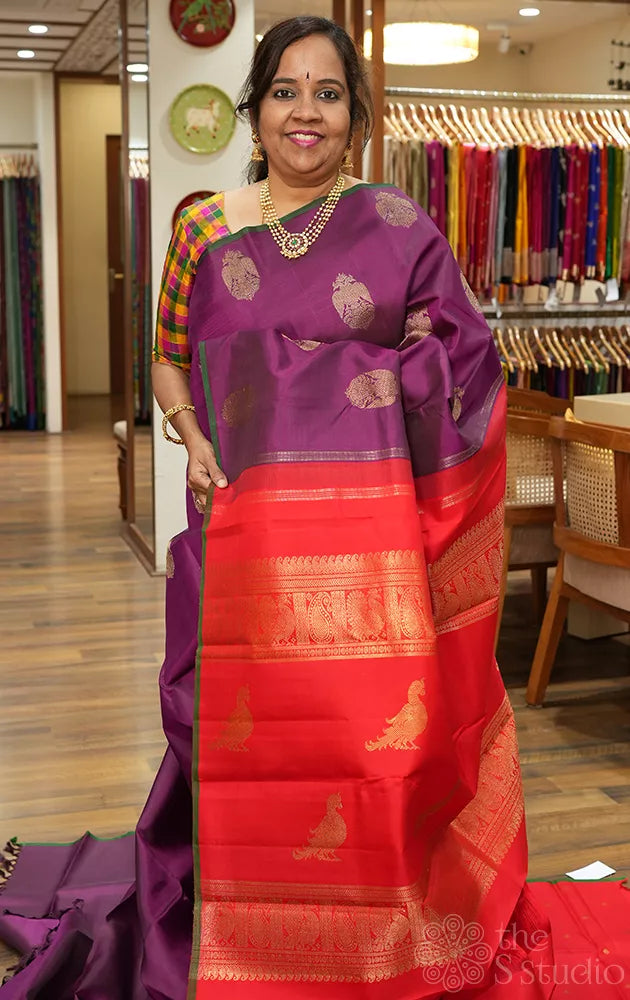 Purple kanjivaram silk saree with ganda berunda motifs