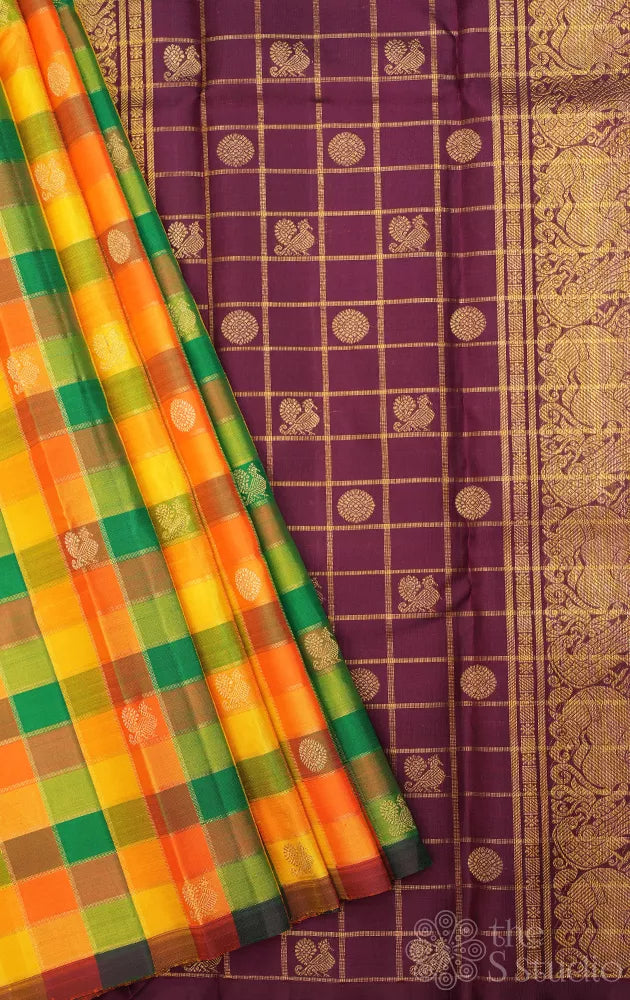 Paalum pazhamum checks kanchi silk saree with brown pallu