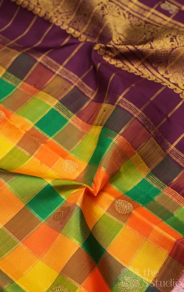 Paalum pazhamum checks kanchi silk saree with brown pallu