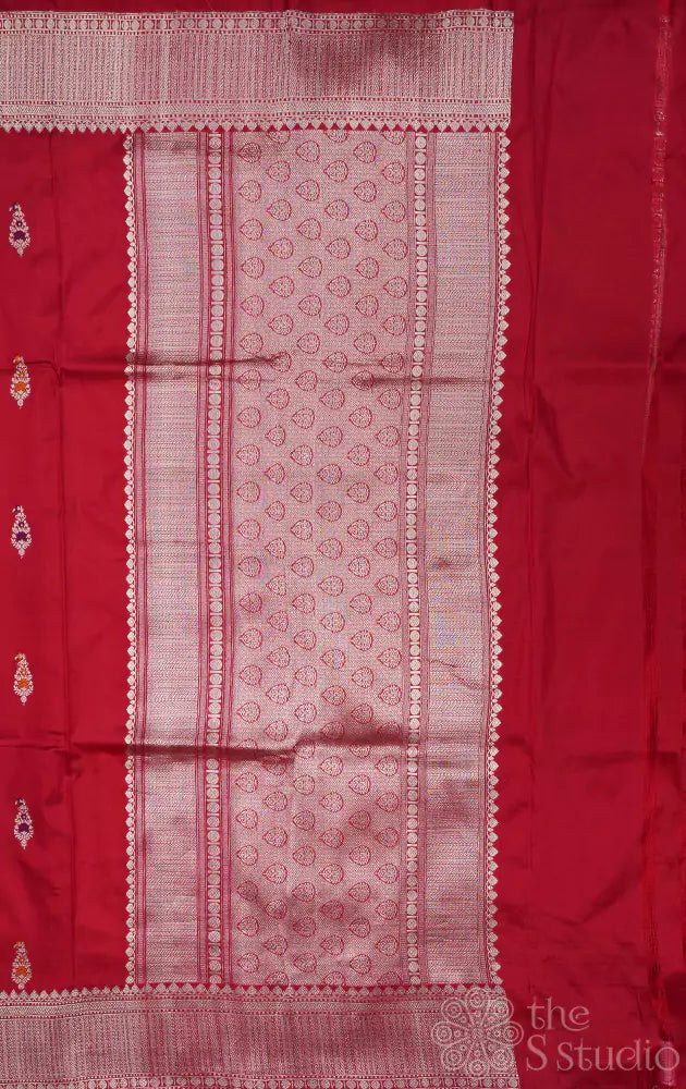 Red katan banarasi silk saree with silver zari rich pallu and border