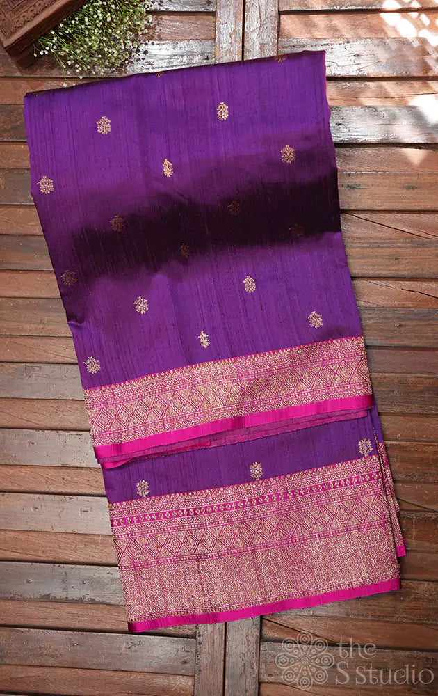 Purple raw silk banarasi silk saree with magenta border
