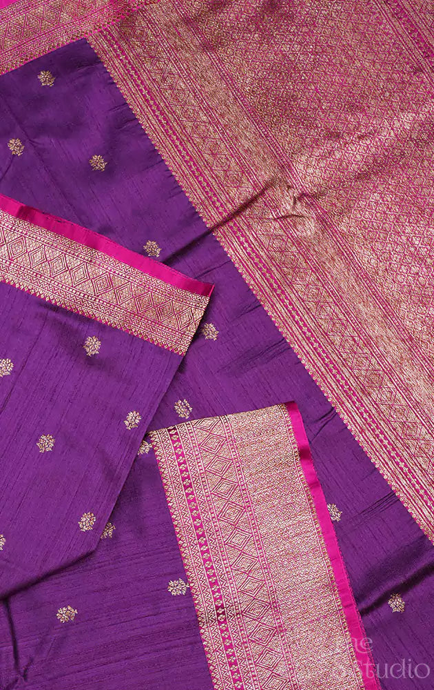 Purple raw silk banarasi silk saree with magenta border