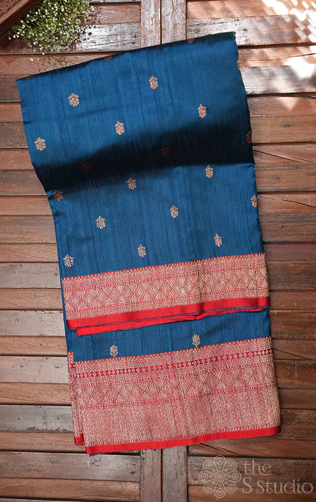 Rama blue raw silk banarasi silk saree with red border