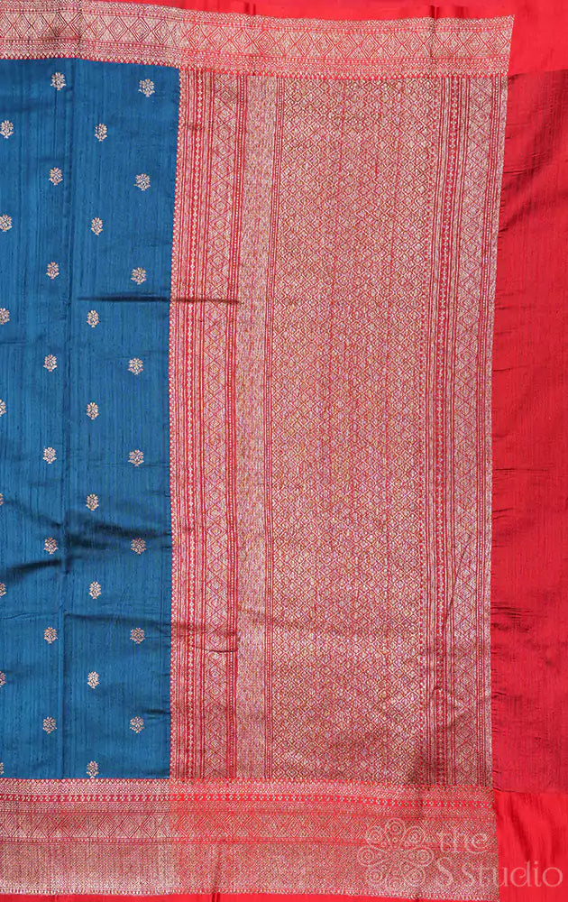 Rama blue raw silk banarasi silk saree with red border