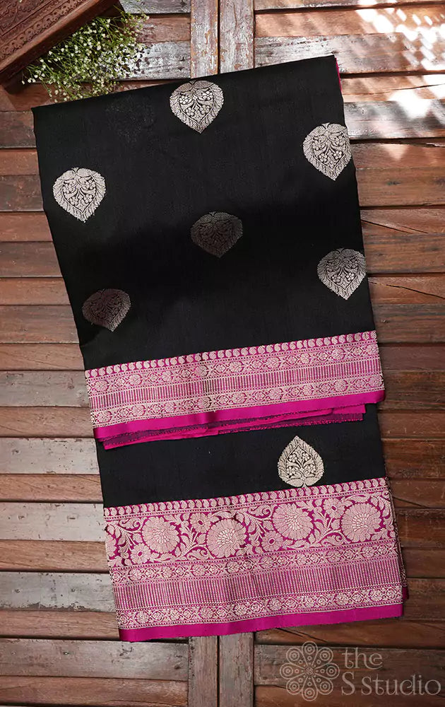 Black tussar silk saree with kadwa butta and pink silver zari border
