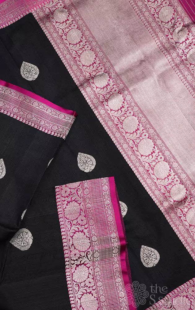 Black tussar silk saree with kadwa butta and pink silver zari border
