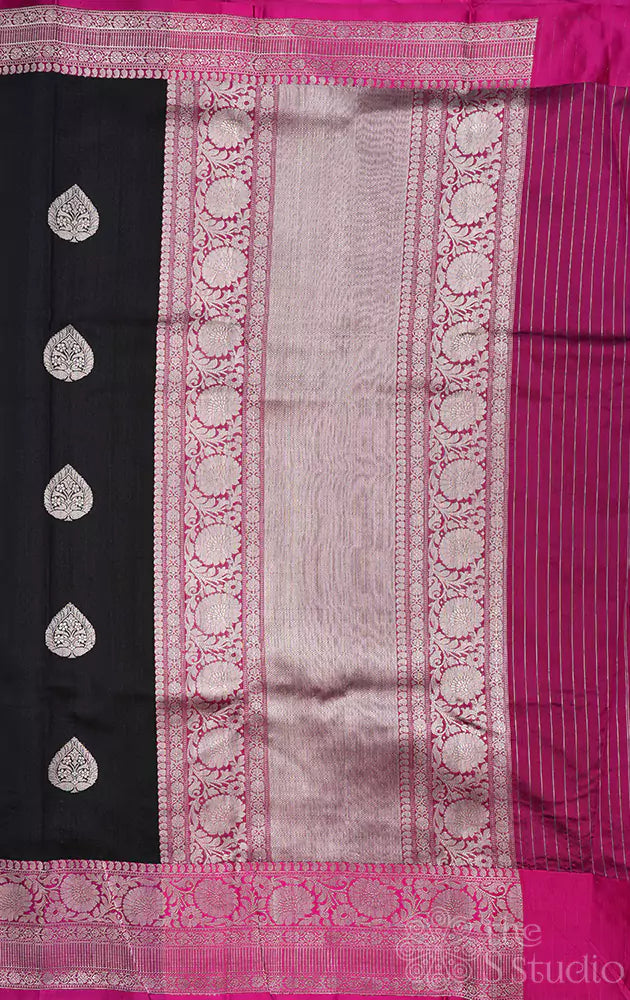 Black tussar silk saree with kadwa butta and pink silver zari border