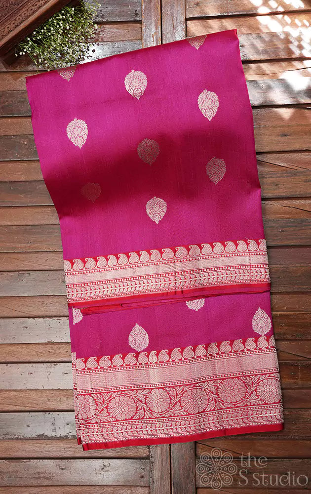 Magenta tussar banarasi silk saree with silver zari rich pallu