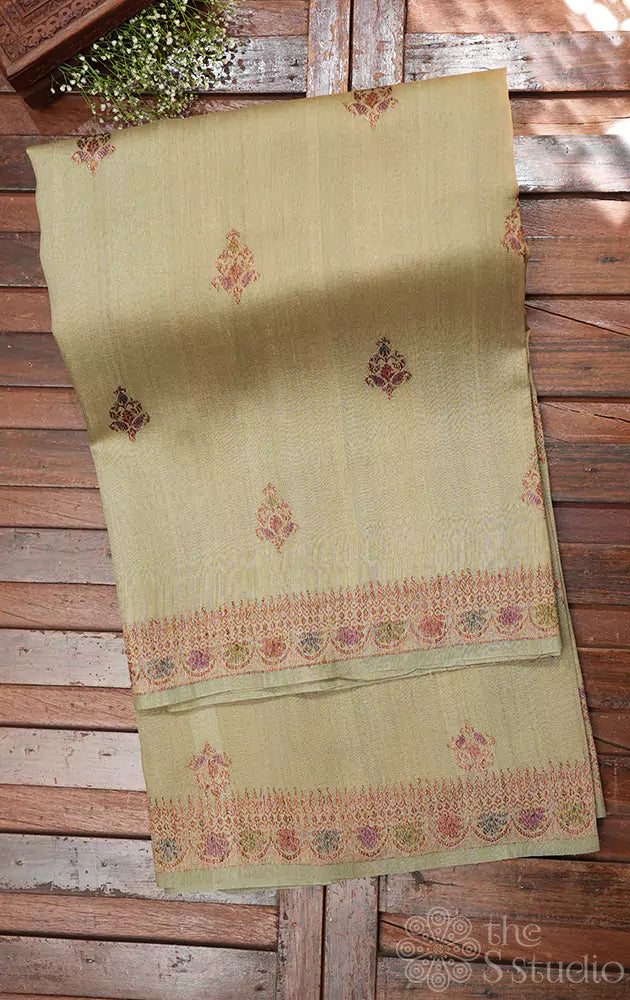 Beige tussar banarasi silk saree with small border