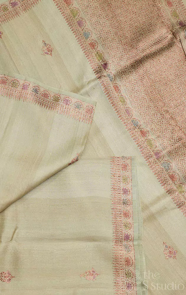 Beige tussar banarasi silk saree with small border