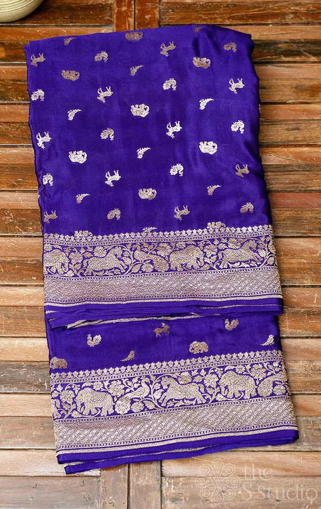 Violet crepe banarasi silk saree with antique zari buttas and border