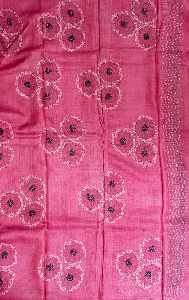 Pink and off-white tussar silk saree with floral pallu