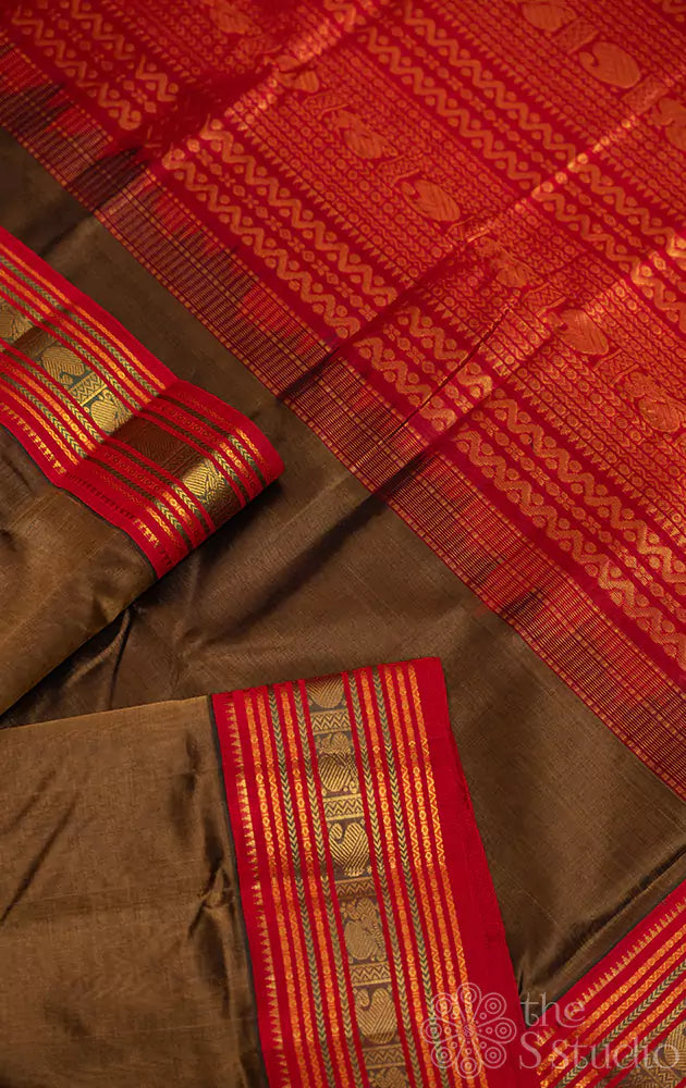 Khaki brown silk cotton saree with red border