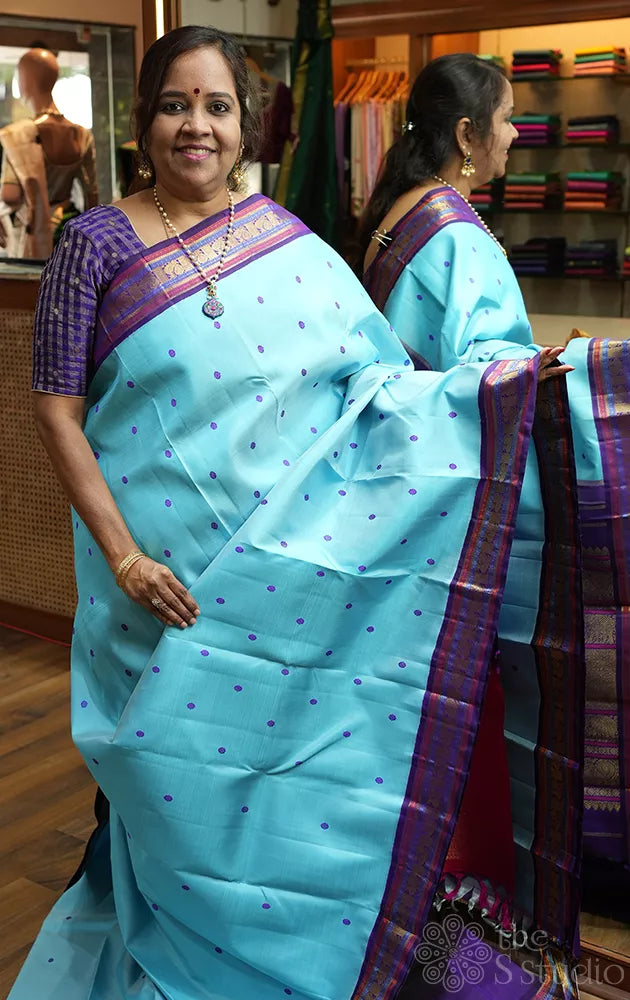 Light blue kanchipuram silk saree with korvai border
