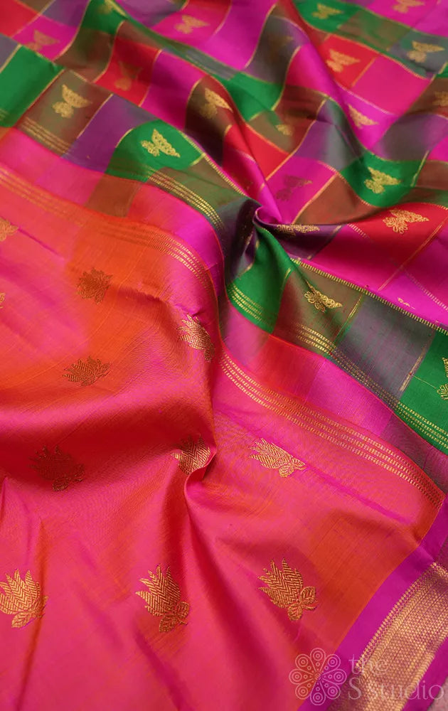 Peach kanchi silk saree with paalum pazhamum checks pallu