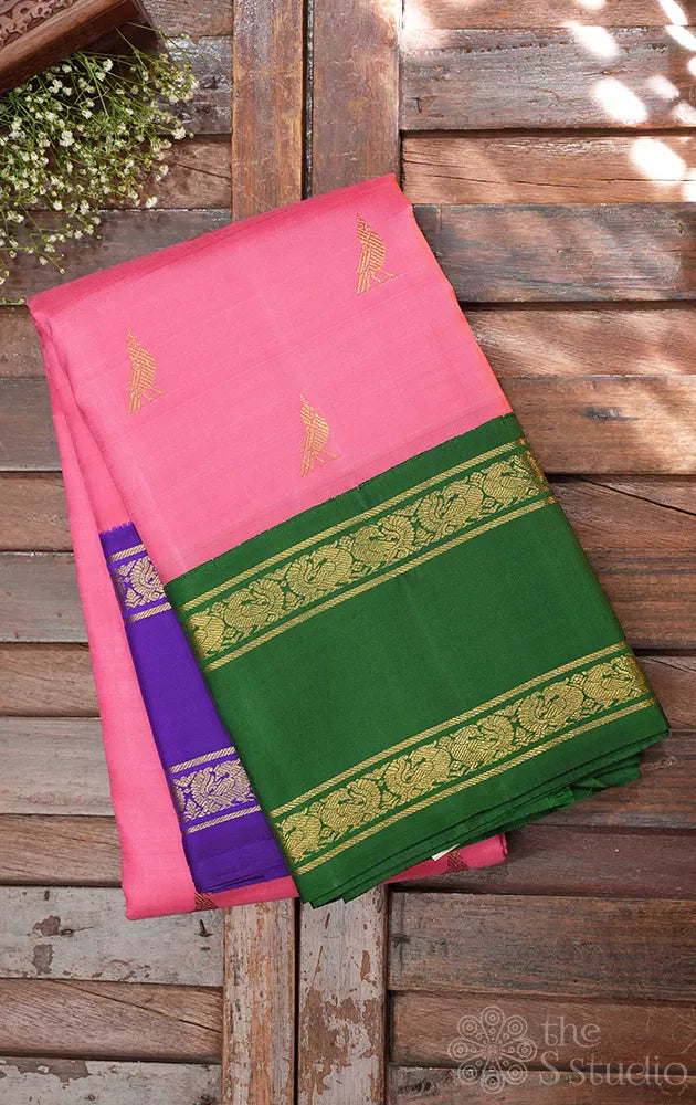 Lotus pink rettai pet pure zari kanjivaram silk saree with ganga jamuna border