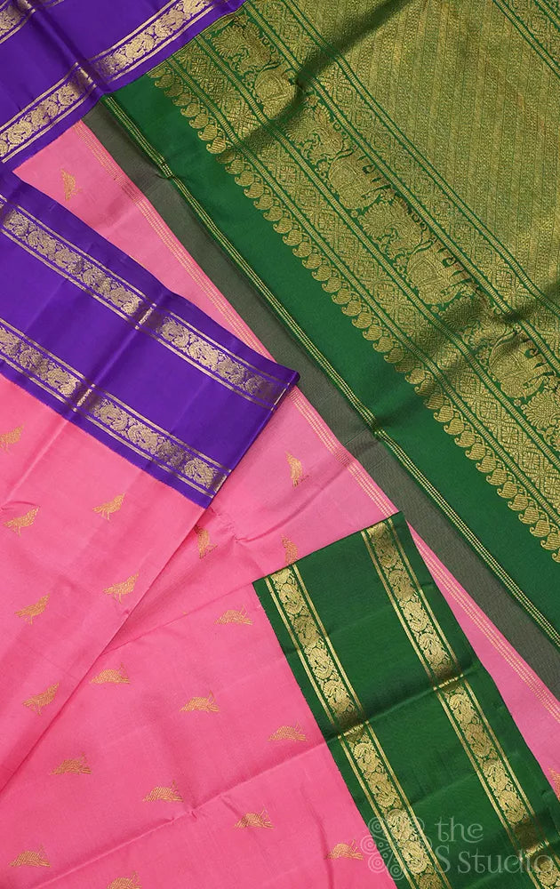Lotus pink rettai pet pure zari kanjivaram silk saree with ganga jamuna border