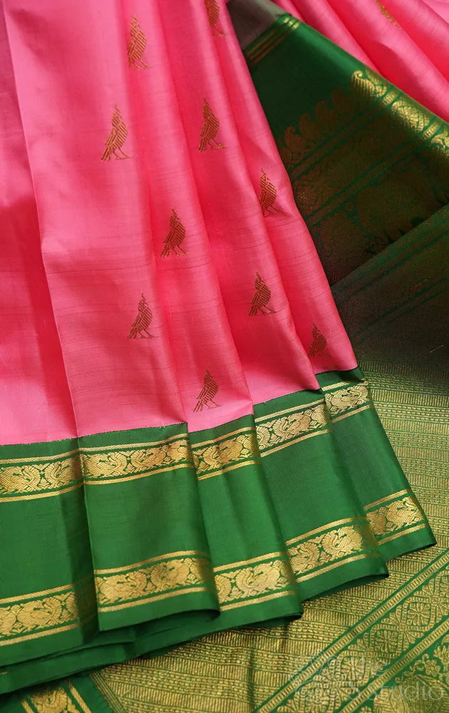 Lotus pink rettai pet pure zari kanjivaram silk saree with ganga jamuna border