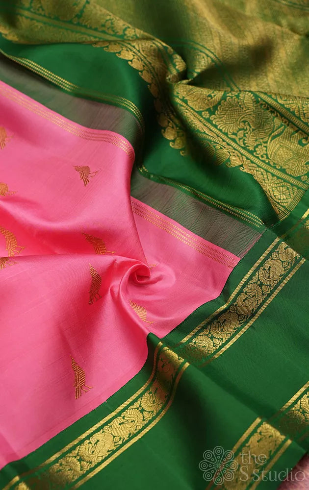 Lotus pink rettai pet pure zari kanjivaram silk saree with ganga jamuna border