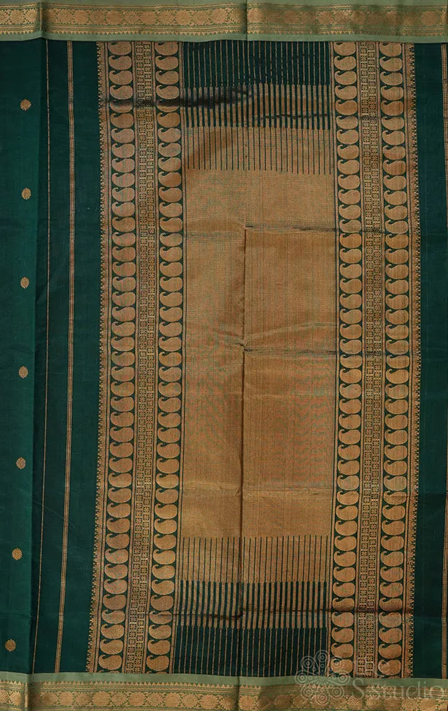 Bottle green silk cotton saree with small zari border