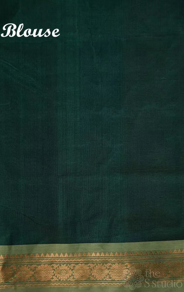 Bottle green silk cotton saree with small zari border