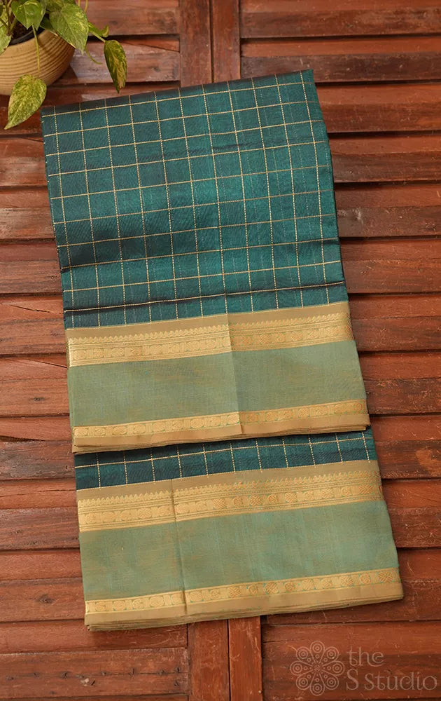 Teal blue checked silk cotton saree with rettaipet border
