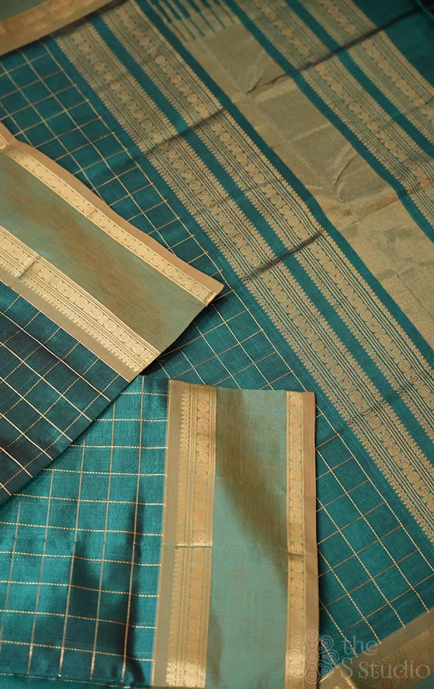 Teal blue checked silk cotton saree with rettaipet border