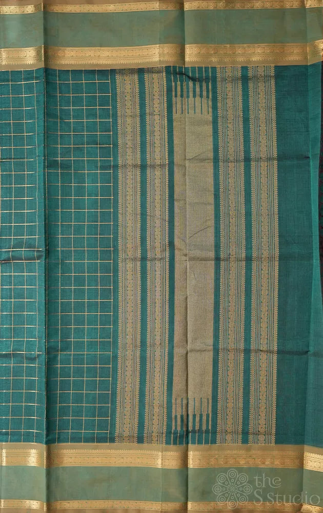 Teal blue checked silk cotton saree with rettaipet border