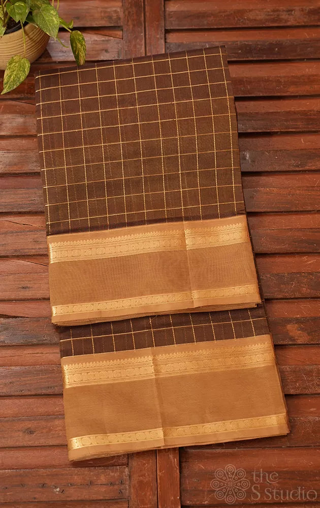 Methi green checked silk cotton saree with rettaipet border