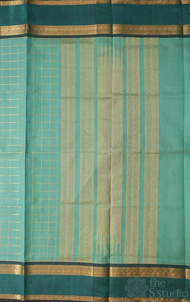 Pista green checked silk cotton saree with rettaipet border