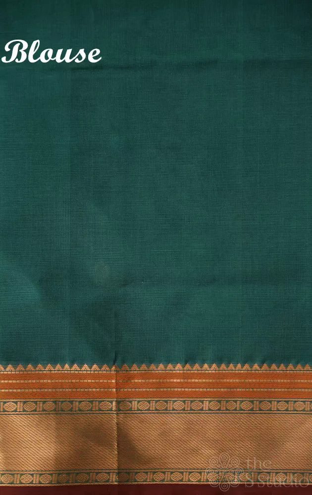 Teal blue silk cotton saree with fishpet motif